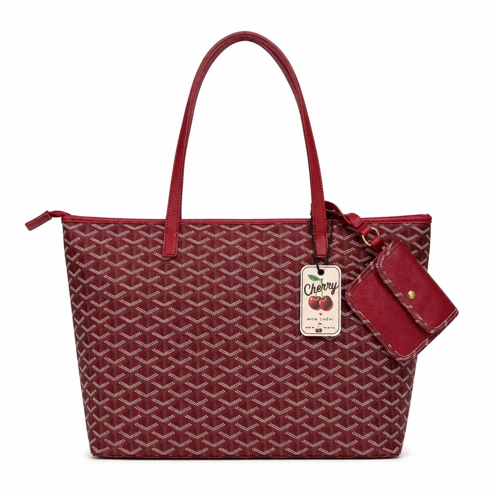 Cherry Mon Cheri NYC Burgundy Chevron Print Tote Bag with Pouch Red